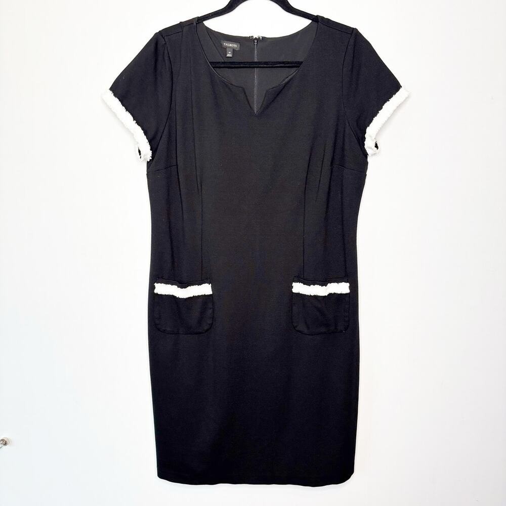 Talbots Black Short Sleeve‎ Notch Neck Sheath Dress White Trim Pockets Size 14